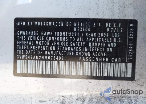 2017 Volkswagen Golf Gti Autobahn 4-Door/S 4-Door/Se 4-Door/Sport 4-Door z USA, uszkodzony, nr VIN 3VW547AU2HM076409